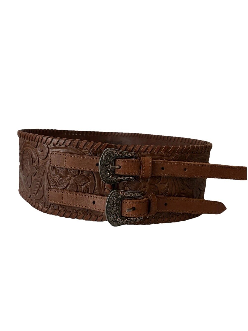 Shyanne Women’s Western Wide Floral Embossed Belt, Adjustable Buckle, Brown Lg
